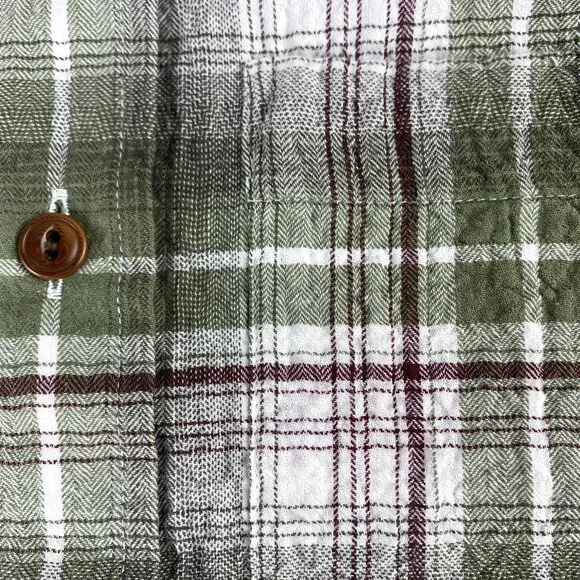 Orvis Mens Small Crushed Herringbone Green Plaid Crinkle Cotton Shirt Active Fit